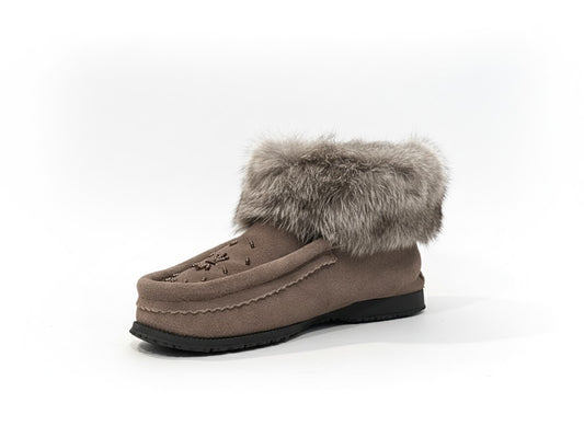 Charcoal Ankle Fur Boots with Grey Rabbit Fur & Hand Beading