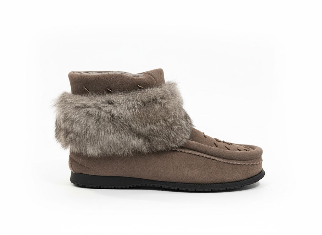 Charcoal Ankle Fur Boots with Grey Rabbit Fur & Hand Beading