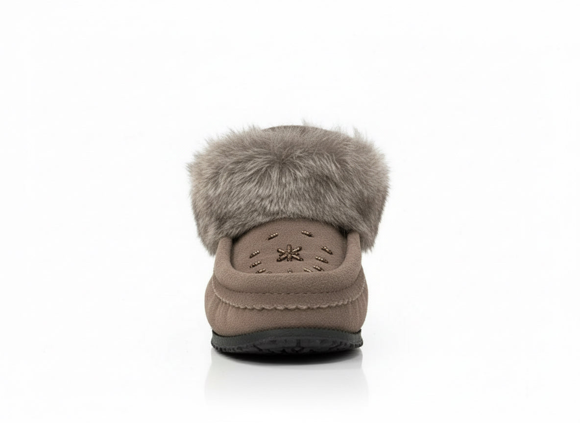 Charcoal Ankle Fur Boots with Grey Rabbit Fur & Hand Beading