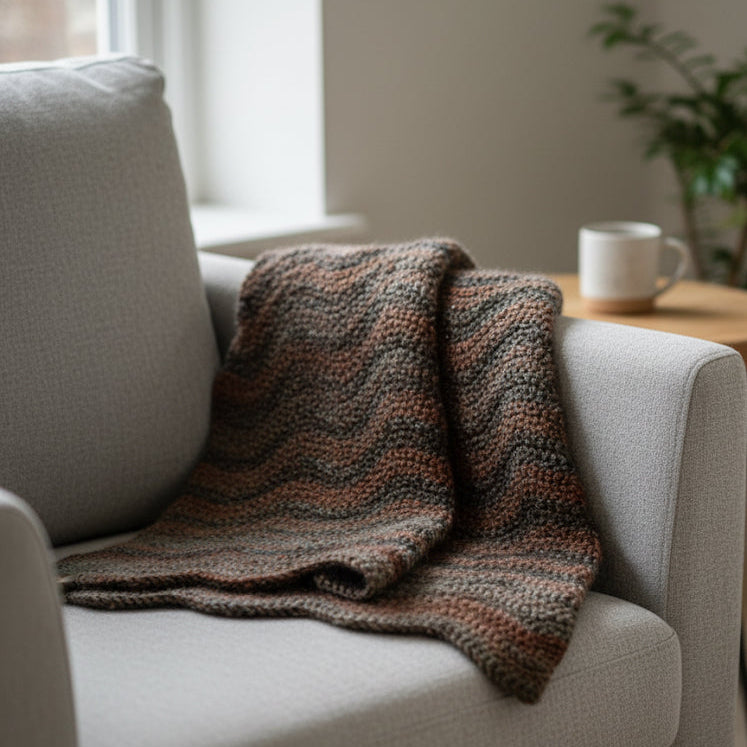Knitted blanket on a gray sofa with a cup on a table in the background