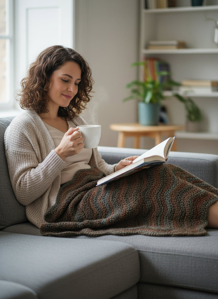 Woman sitting on a couch with a blanket and book, holding a mug.