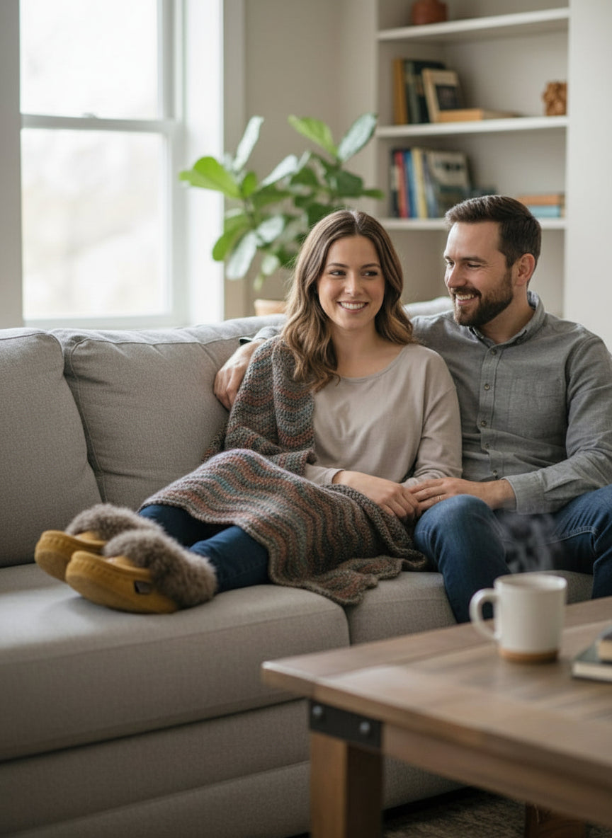 Man and woman sitting on a couch in a cozy living room with a coffee cup on the table.