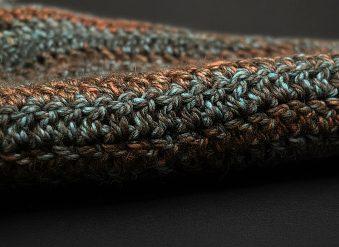 Close-up of a knitted fabric with brown and blue pattern on a dark background