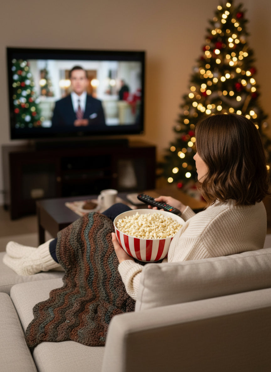 Person watching TV with popcorn in a cozy living room with a lap blanket decorated for Christmas.