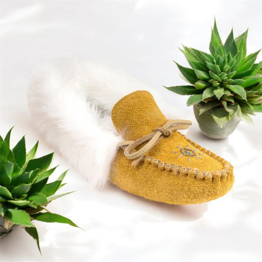 Women's Moose Hide Suede Beaded Moccasins With Rabbit Fur Trim