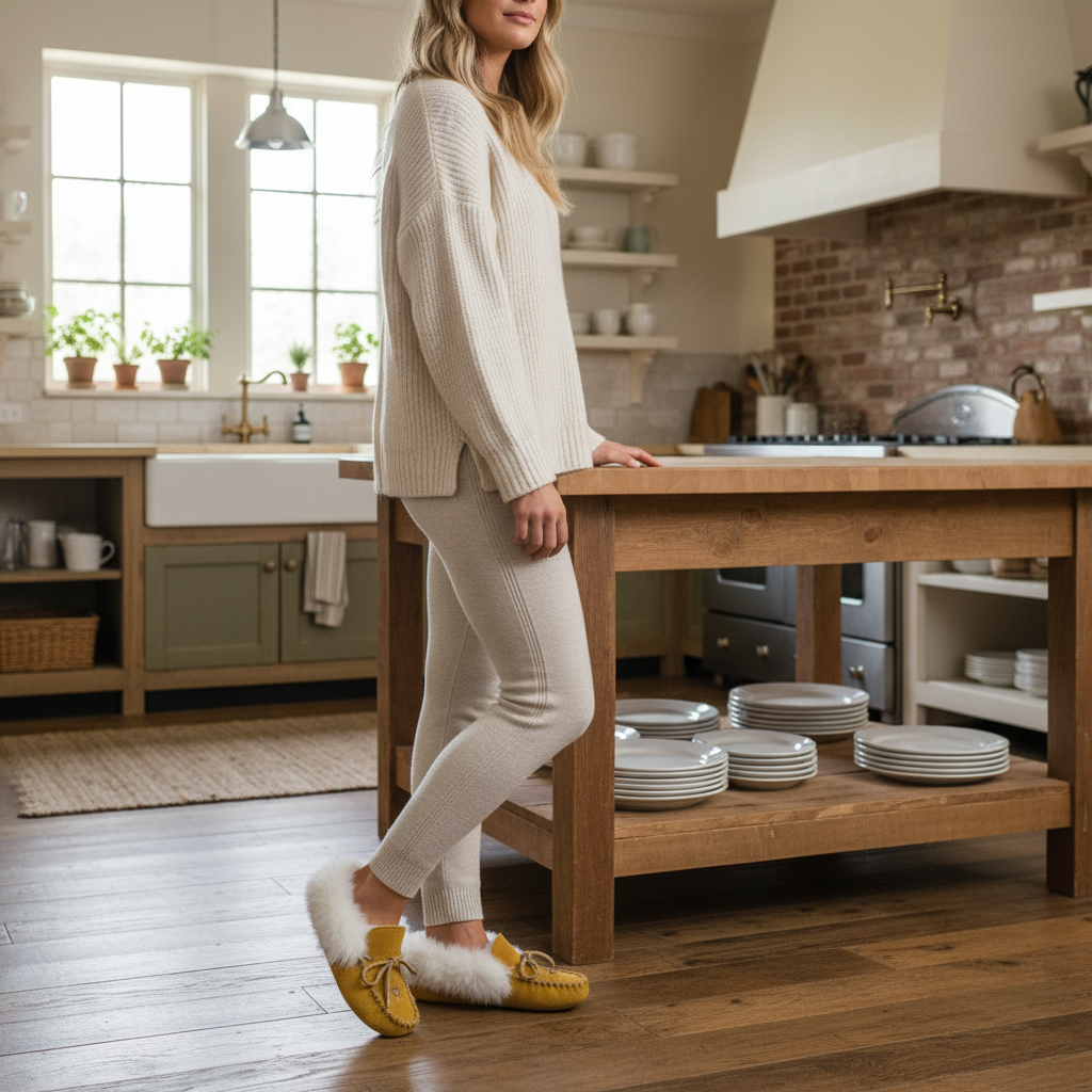 Yellow moccasin slipper with fur trim on a white background