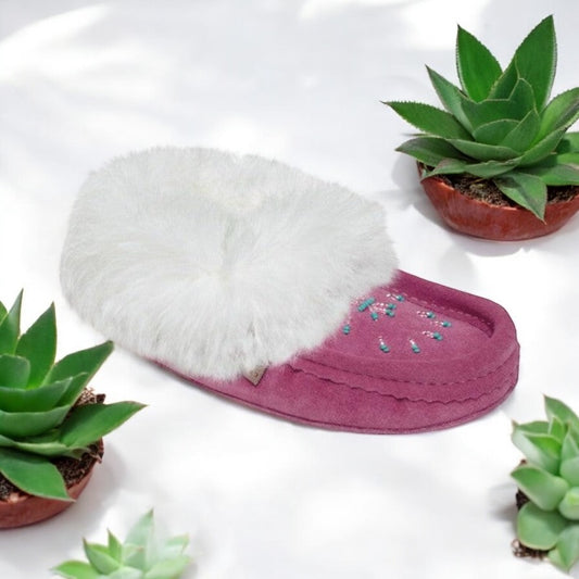 Women's Rose Suede Moccasins Trimmed With White Rabbit Fur Collar