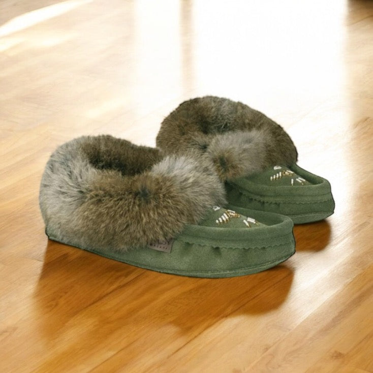 Womens Forest Green Suede Moccasins Trimmed With Brown Rabbit Fur Collar