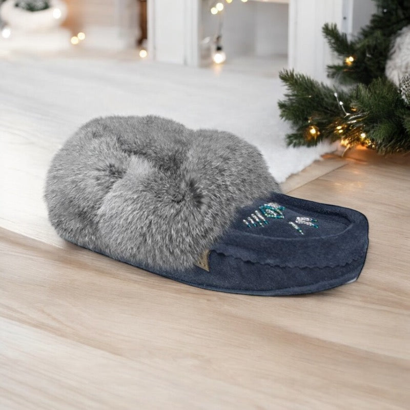 Womens Navy Blue Moccasins Trimmed With Grey Rabbit Fur Collar