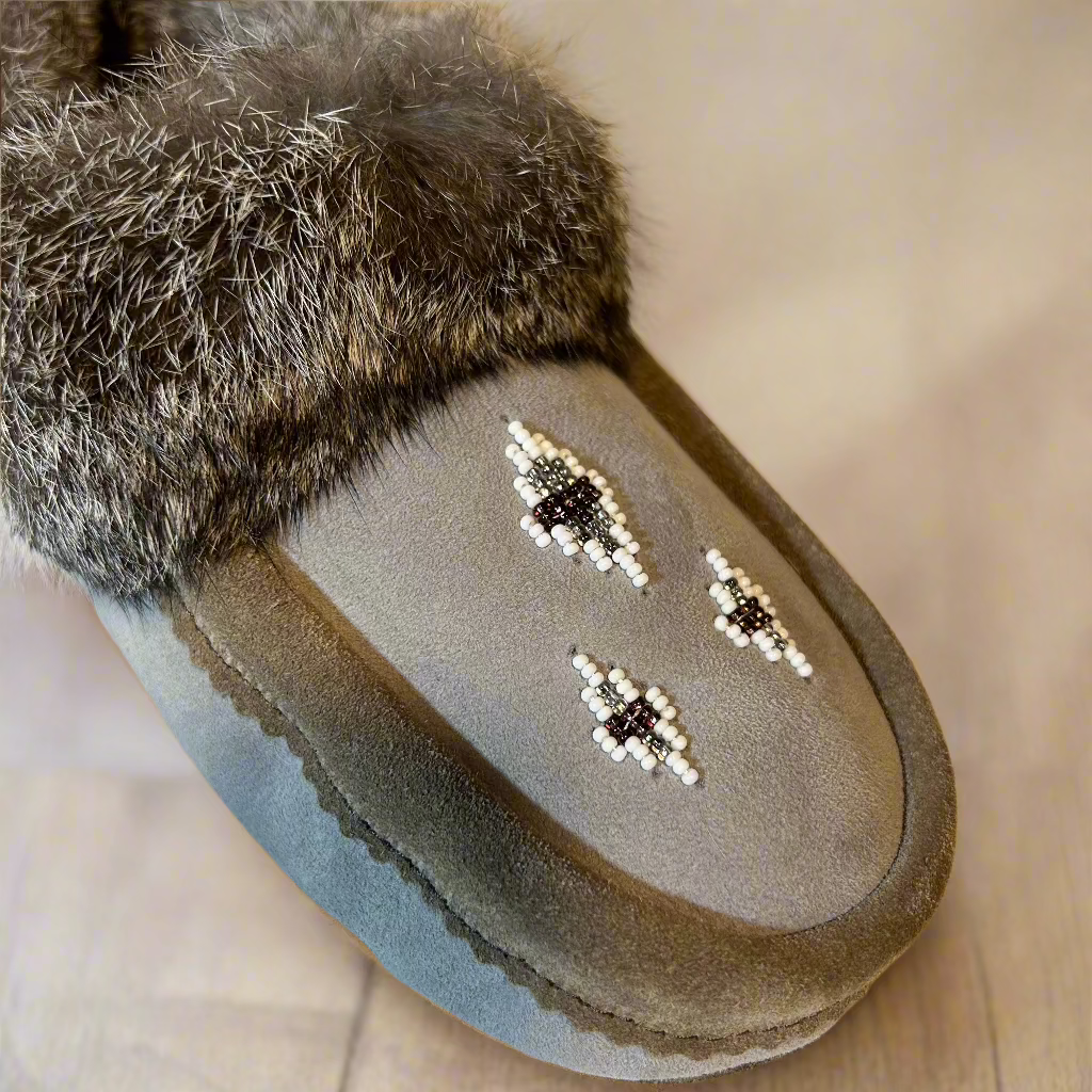 Womens Grey Sheepskin Moccasins With Grey Rabbit Fur Collar