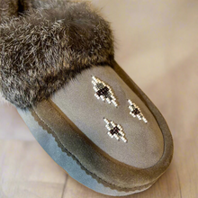 Load image into Gallery viewer, Womens Grey Sheepskin Moccasins With Grey Rabbit Fur Collar
