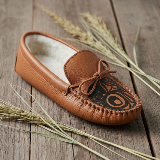 Pair of brown leather moccasins with decorative patterns on a light gray surface.