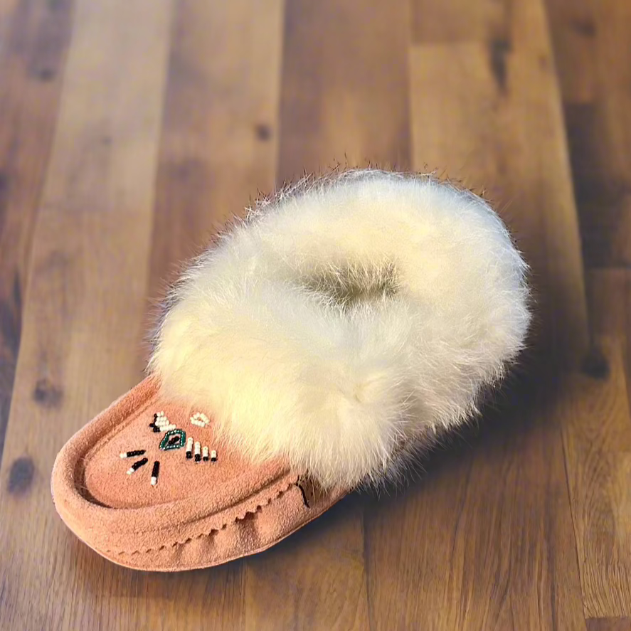 Women's Pink Suede Moccasins Trimmed With White Rabbit Fur Collar