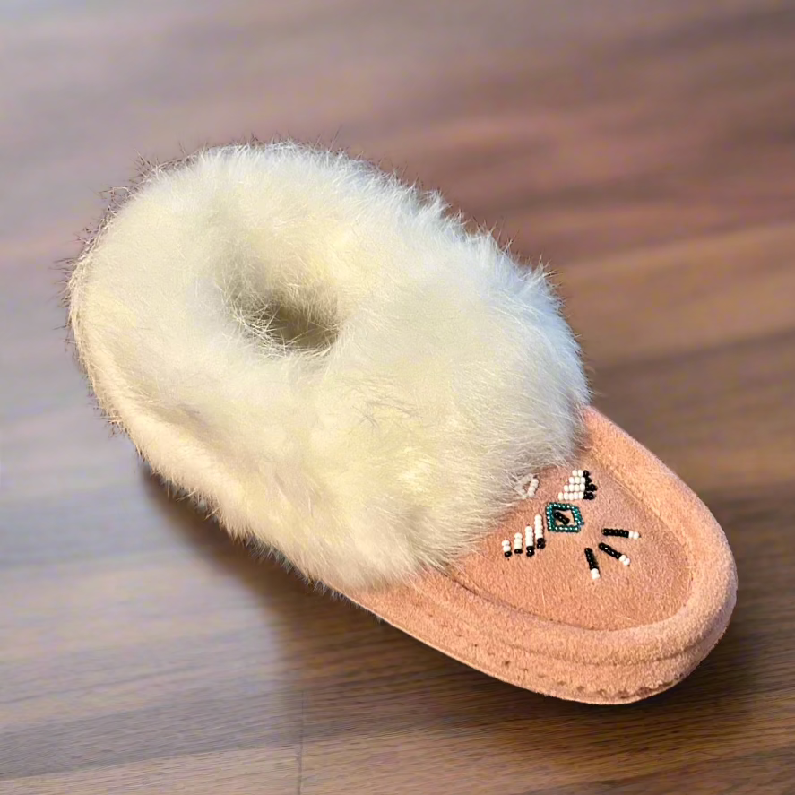 Women's Pink Suede Moccasins Trimmed With White Rabbit Fur Collar