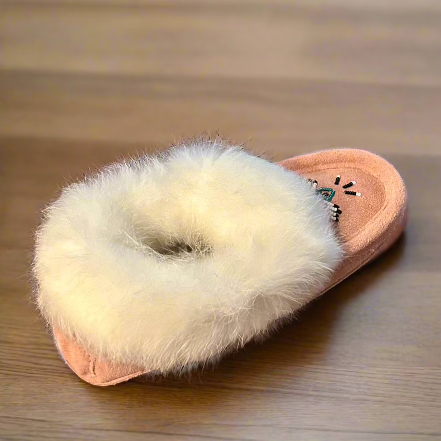 Women's Pink Suede Moccasins Trimmed With White Rabbit Fur Collar