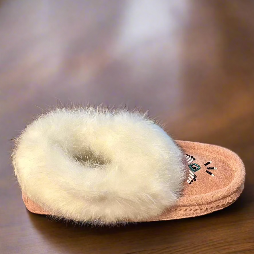 Women's Pink Suede Moccasins Trimmed With White Rabbit Fur Collar