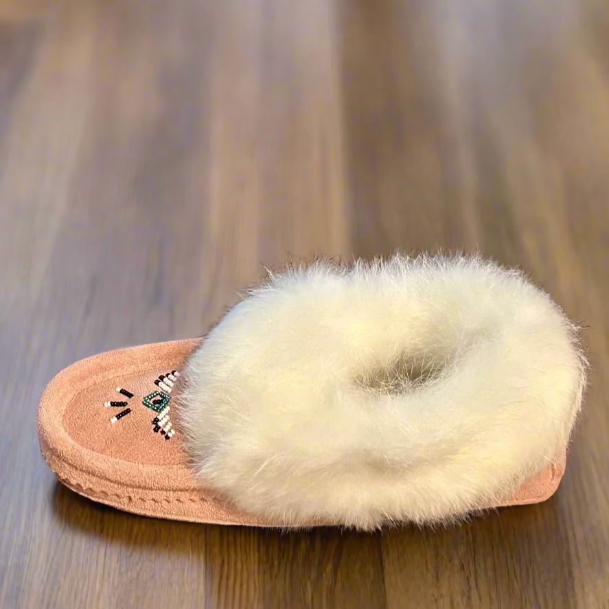 Women's Pink Suede Moccasins Trimmed With White Rabbit Fur Collar