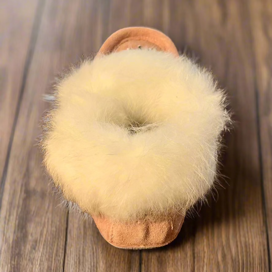 Women's Pink Suede Moccasins Trimmed With White Rabbit Fur Collar