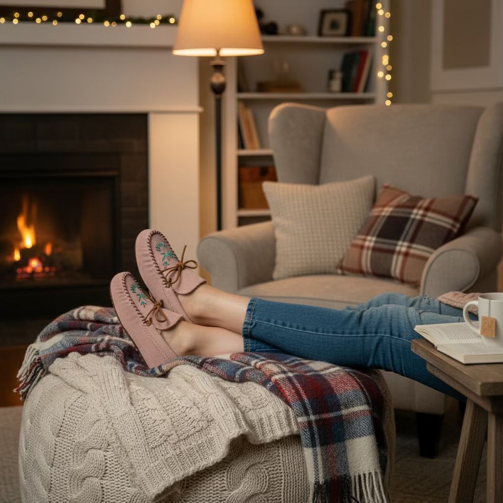 Women's Pink Suede Moccasins With Fleece Lining And Beaded Vamp