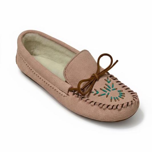 Women's Pink Suede Moccasins With Fleece Lining And Beaded Vamp
