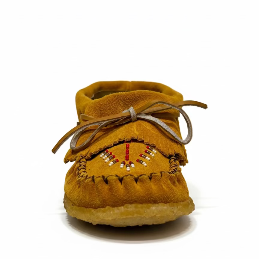 Brown moccasin shoe with decorative elements on a light gray background