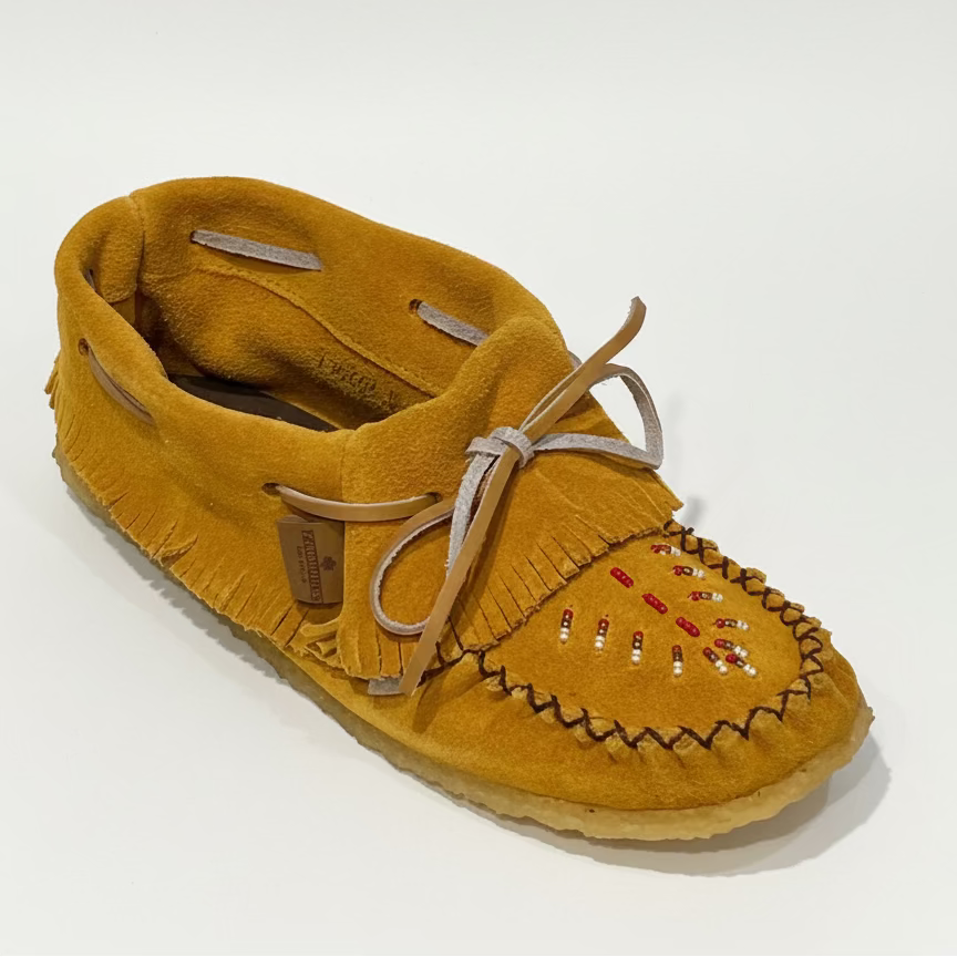 Yellow moccasin shoe on a light gray background