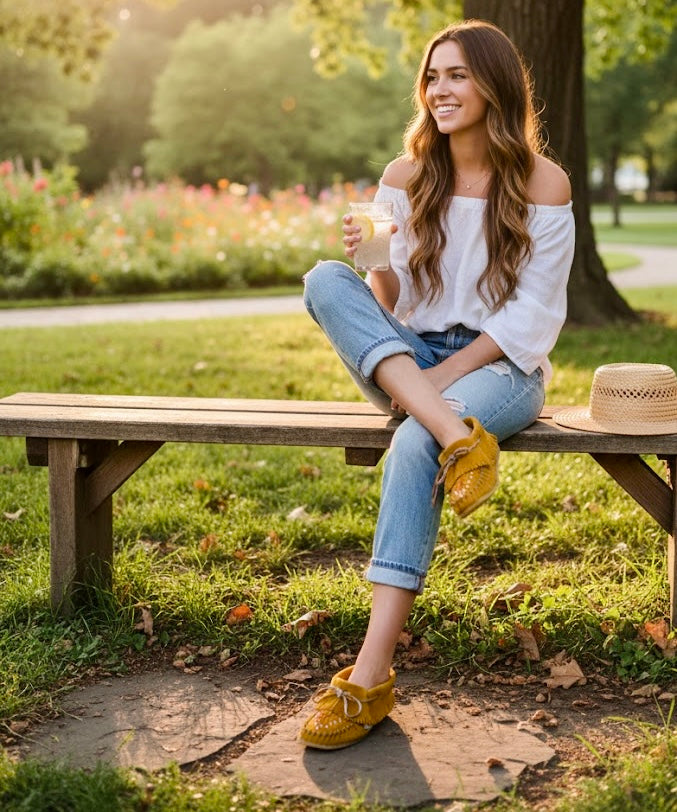 Woman sitting on a bench in a park holding a drink, wearing a white top and blue jeans.