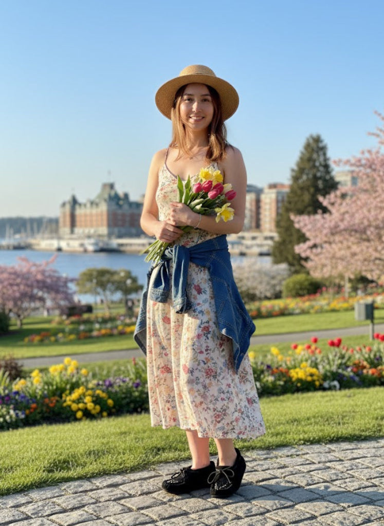 Woman in a floral dress and hat holding flowers in a park with cherry blossoms and water in the background