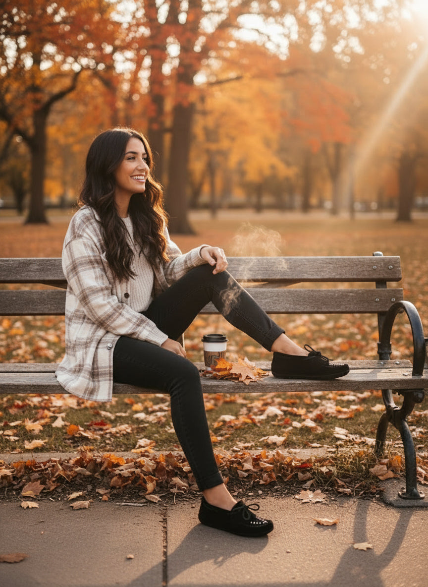 Woman sitting on a bench in an autumn park with trees and fallen leaves.