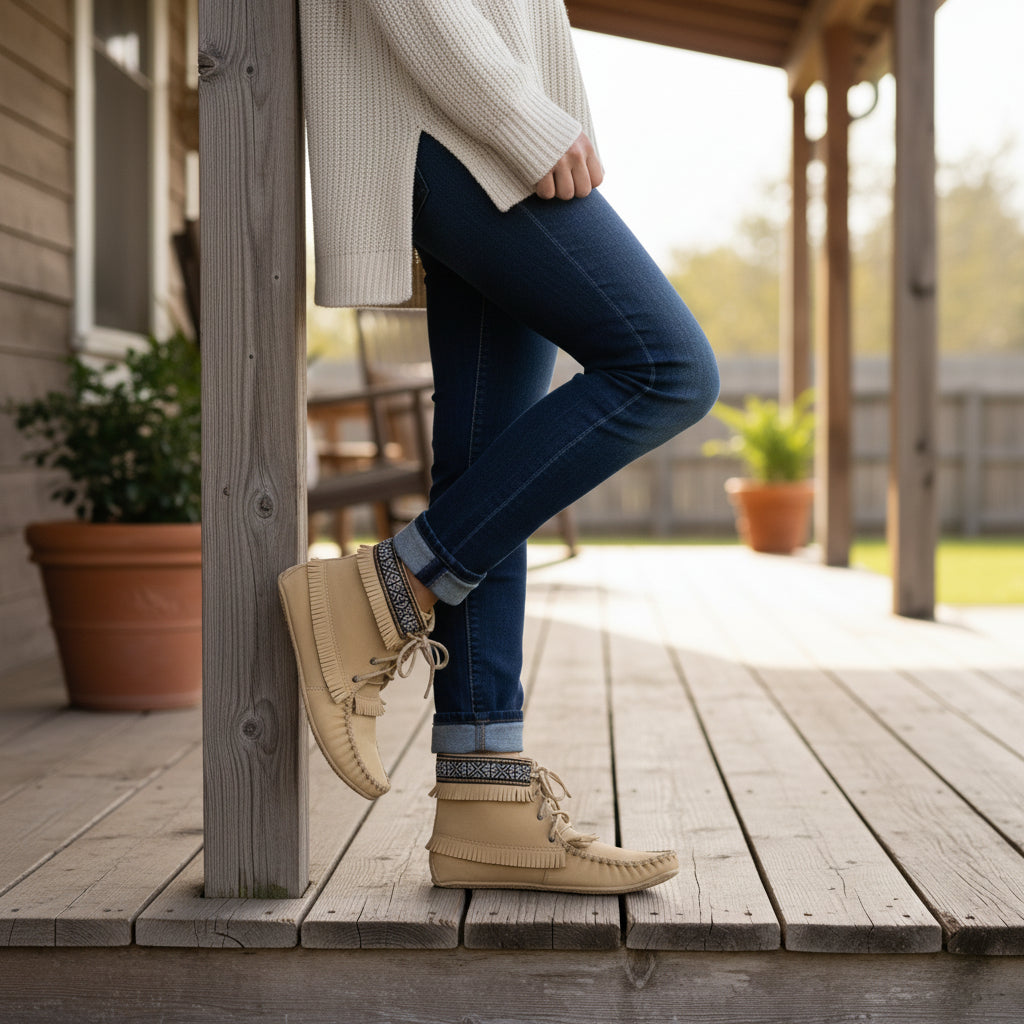 Pair of tan moccasin boots with fringes and a decorative band on a white background