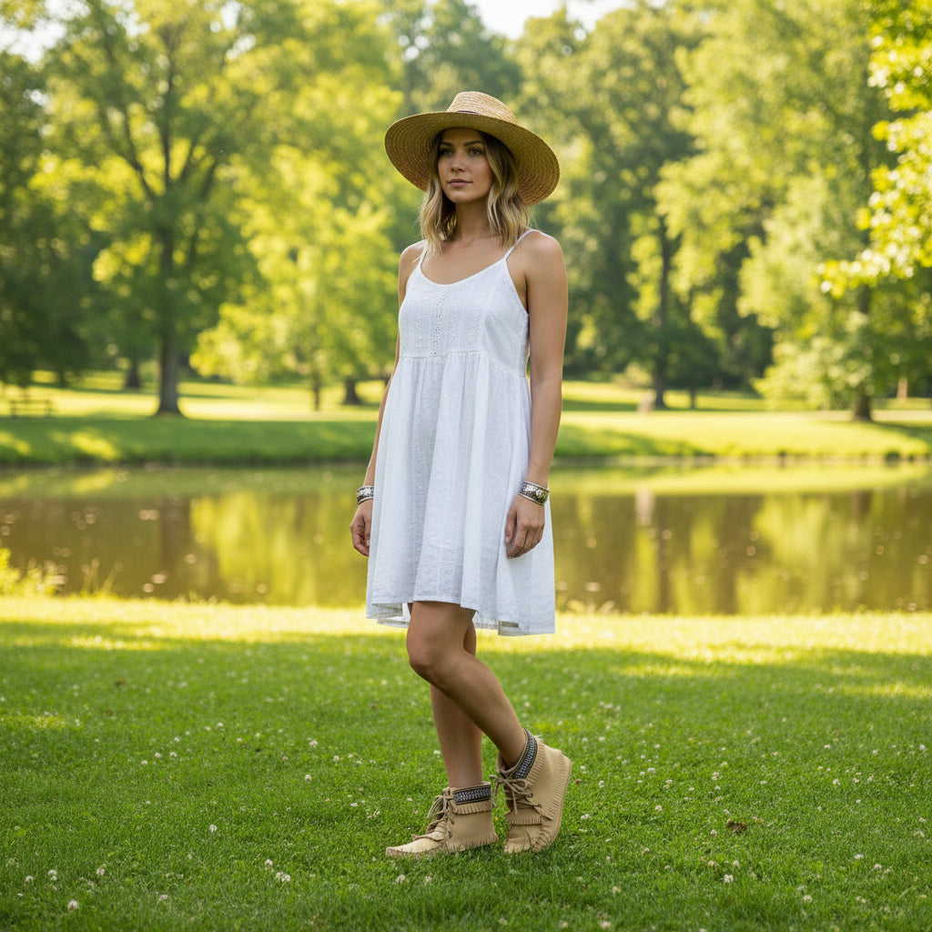 Pair of tan moccasin boots with fringes and a decorative band on a white background