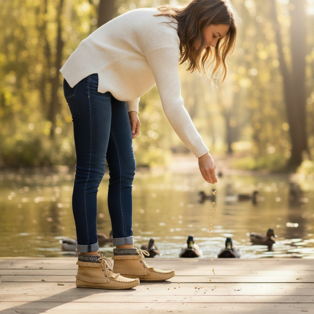 Person wearing blue jeans and tan boots walking on a wooden path in a forest.
