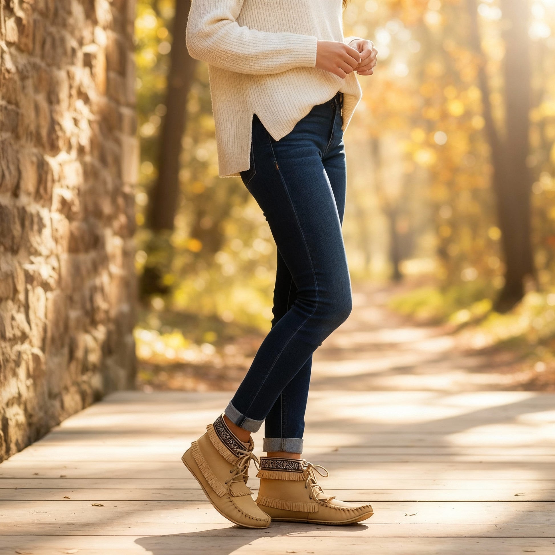 Person wearing blue jeans and tan boots walking on a wooden path in a forest.