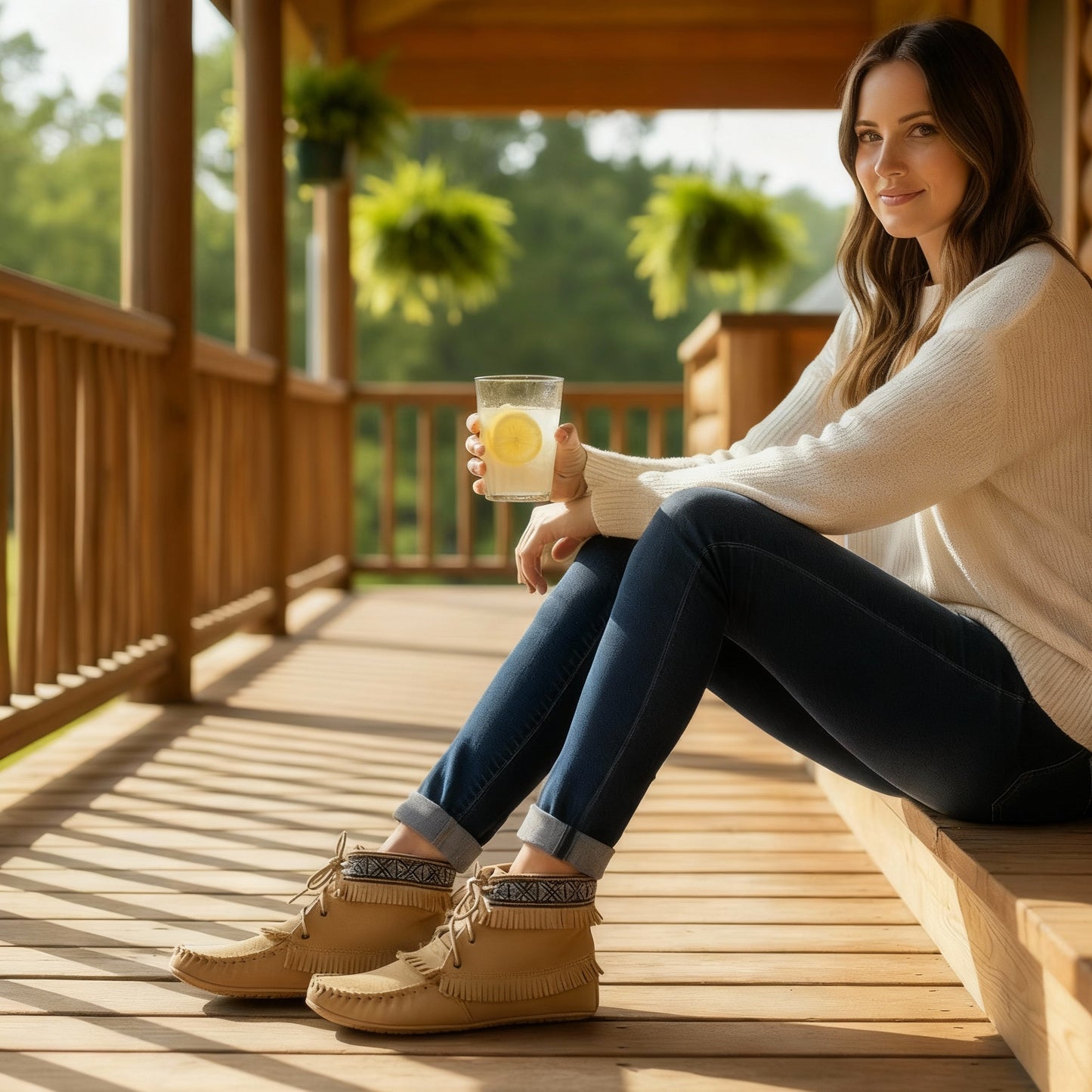Person wearing a beige sweater, blue jeans, and tan boots in front of a stone fireplace.