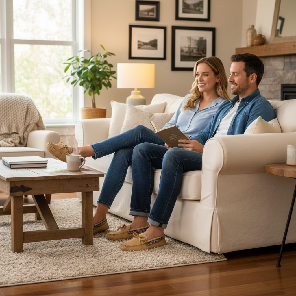Tan moccasin shoe with decorative element on a white background