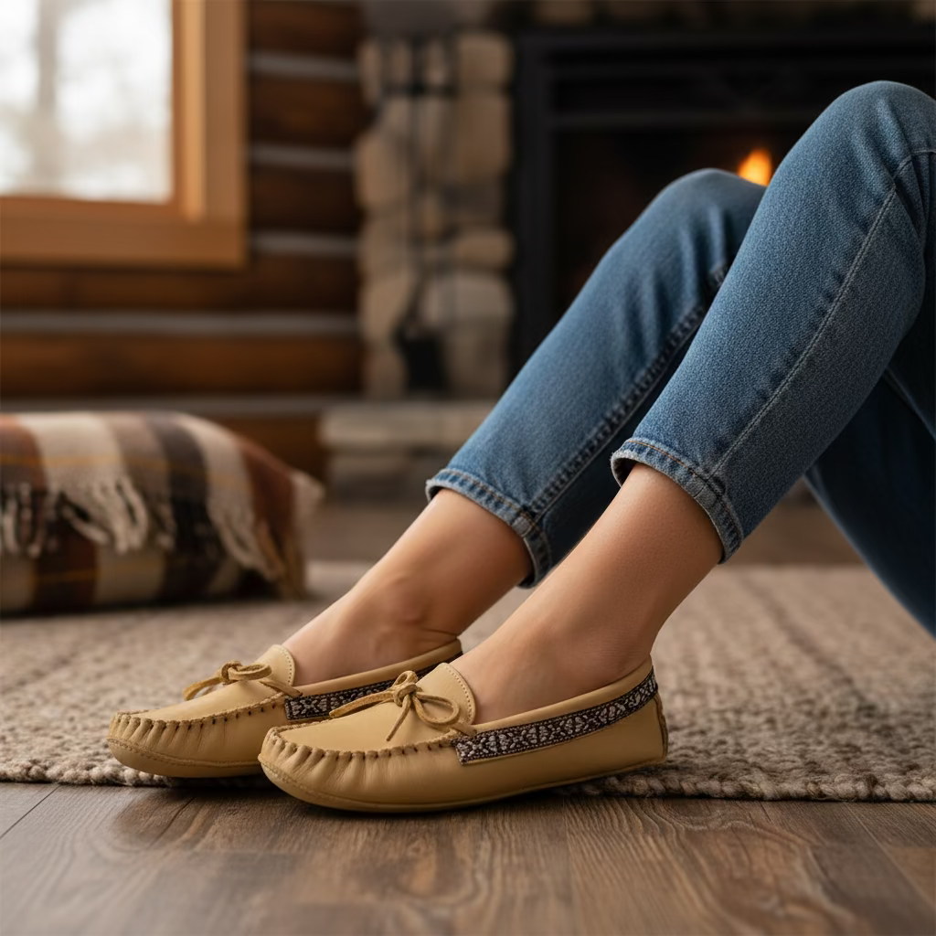 Women's Wild Mooshide Moccasins With Indian Braid Collar And Padded Sole