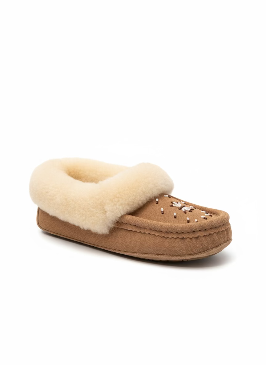 Women's Mocha Suede Moccasins With Fleece Lining And Sheepskin Collar