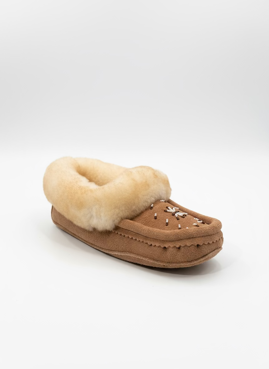 Brown slipper with beige fur lining on a white background