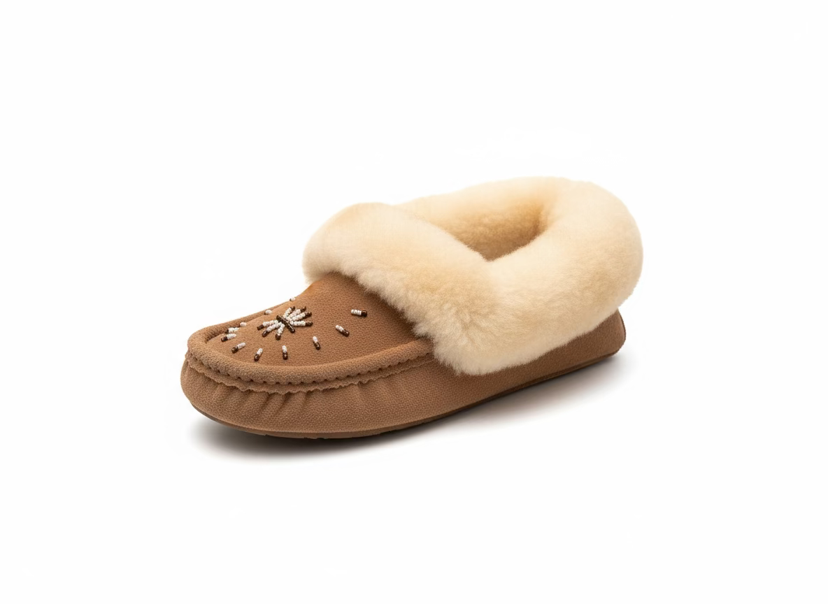 Women's Mocha Suede Moccasins With Fleece Lining And Sheepskin Collar
