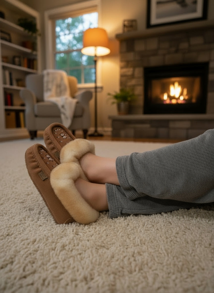 Person wearing slippers in a cozy living room with a fireplace.