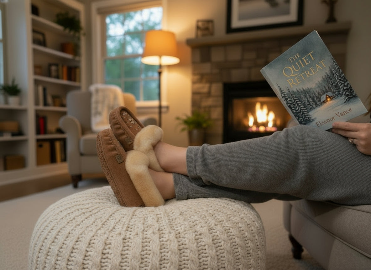 Person relaxing with feet up on an ottoman in a cozy living room with a fireplace.