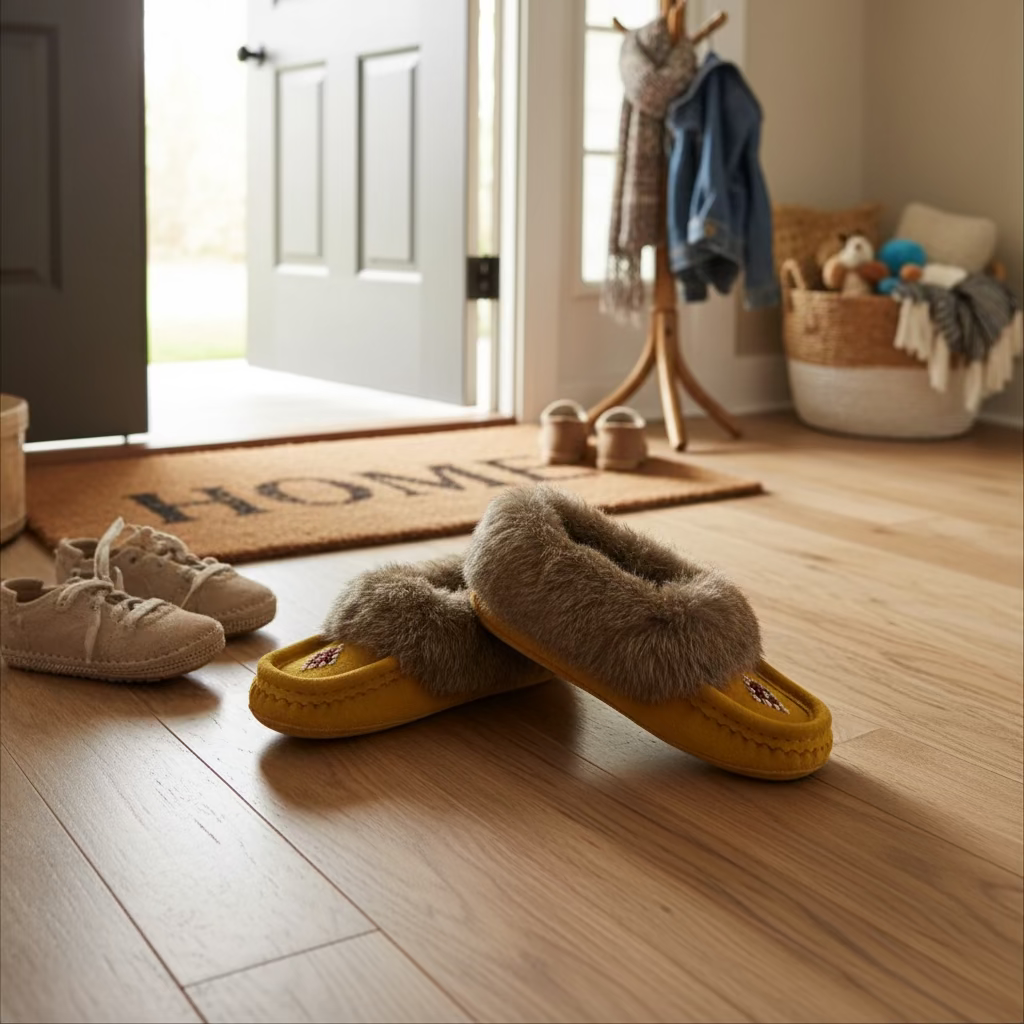 Brown slipper with fur trim on a white background