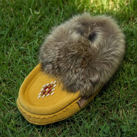 Brown slipper with fur trim and bead design on a light background