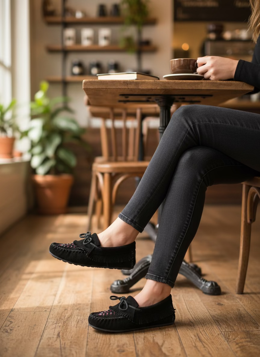 Black suede moccasin shoe on a light background