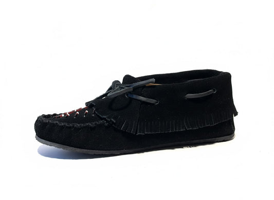 Black moccasin shoe with fringes on a white background