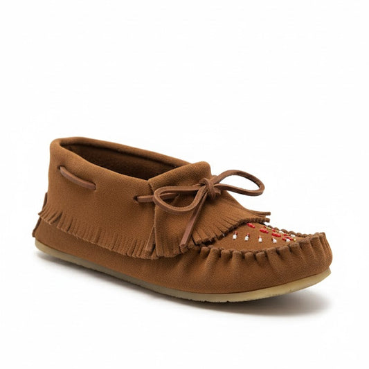 Brown moccasin shoe with fringes on a white background