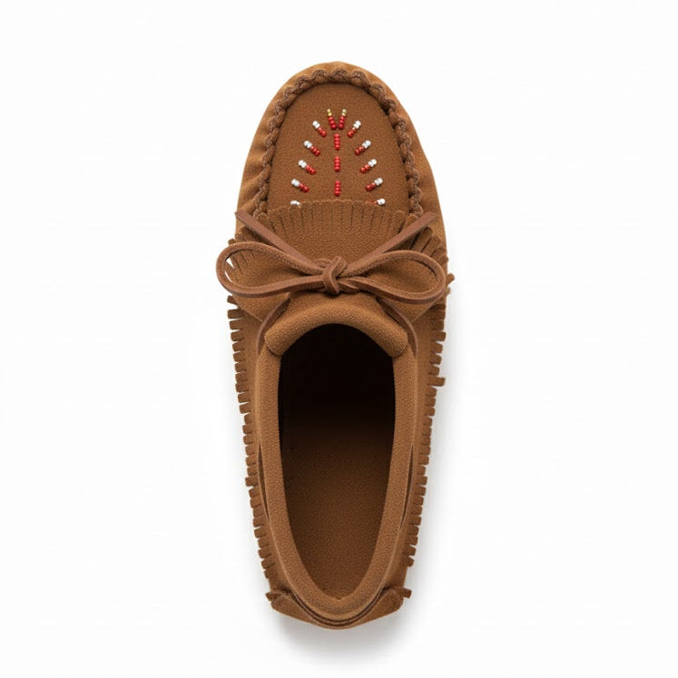 Brown moccasin shoe with a bow on a white background