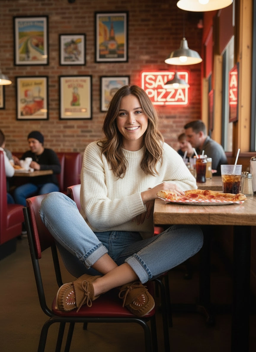 Woman sitting at a table with a pizza in a casual dining setting.