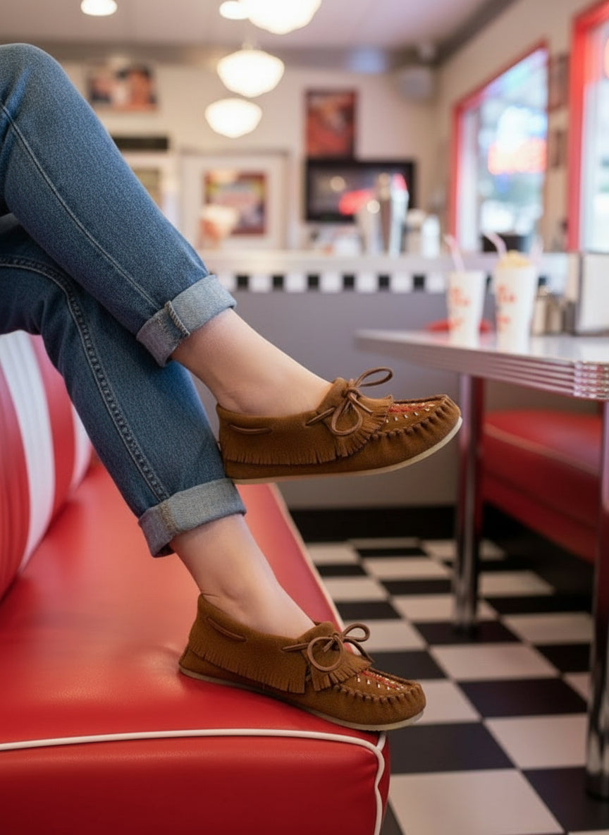 Person wearing brown loafers and blue jeans sitting on a red booth in a diner.