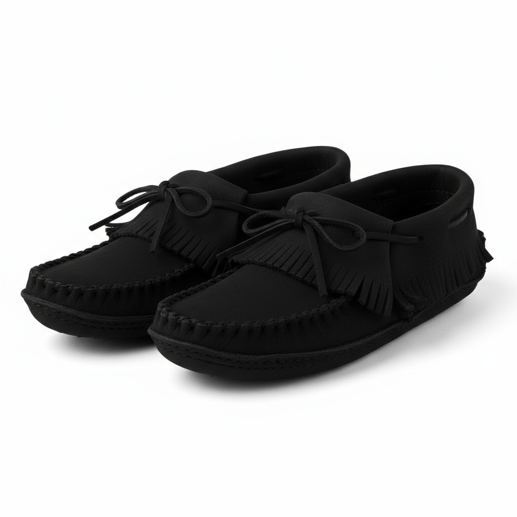 Pair of black moccasins with fringes on a white background